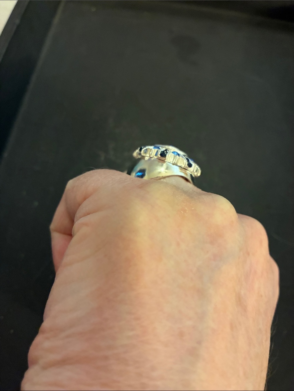 Silver Tone Bold Blue Crystal Statement Stretch Ring - Picture 5 of 11